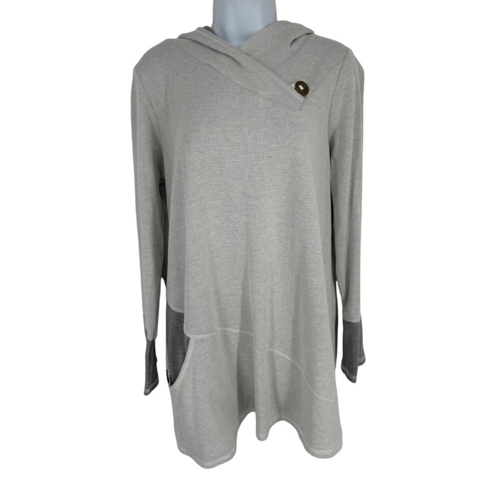 Neon Buddha Womens Hooded Waffle Knit Tunic Top With Button Accent & Pockets M